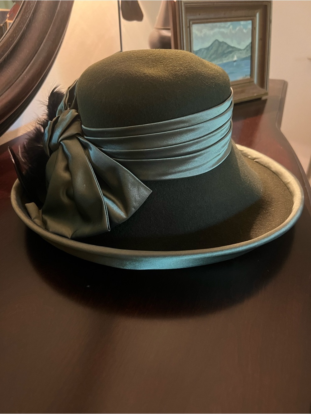 Capelli of New York Olive Green Wool Cloche with Satin Trim